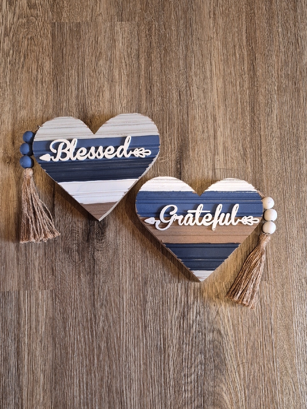 Striped Wood Heart Wall Decor - Blessed / Grateful - Blue, White, Brown